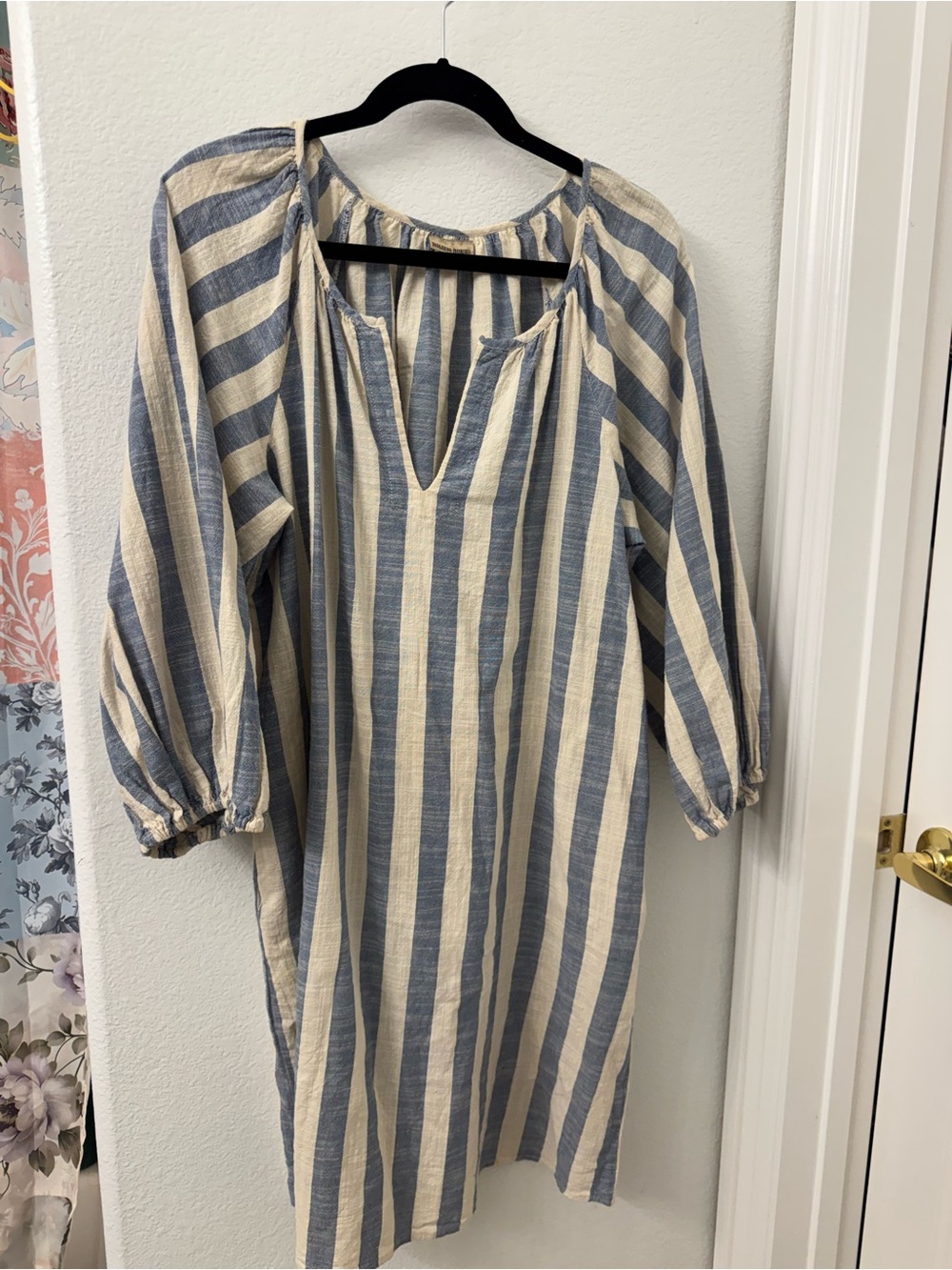 HOLDING HORSES Blue and Cream Striped Long-Sleeve Peasant Dress Anthropologie L